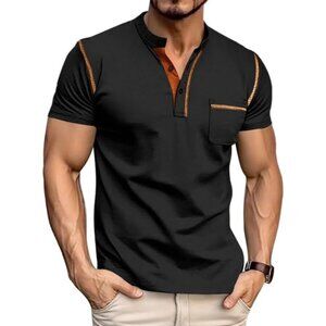 Men Black Henley Short Sleeve T Shirt Casual Summer Lightweight Pullover Top